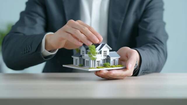 男性がモダンな装いで家模型を提示する