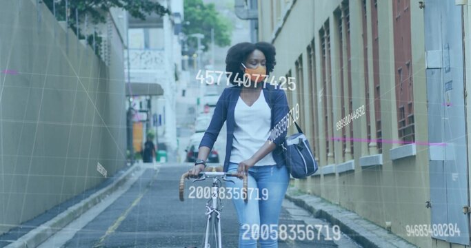 African American woman pushing bicycle in sloped urban lane, with bag, mask and floating gridlines - Powered by Adobe