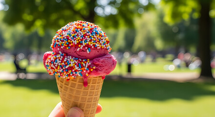 Delicious cold ice cream cone held in a hand on a summer day in the park
