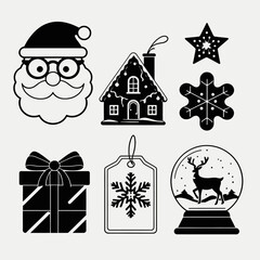 A collection of classic black and white Christmas icons.