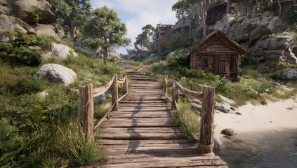 Rustic wooden bridge path to old village