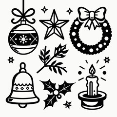 Black and white Christmas icons: ornaments, star, wreath, holly, bell, candle, and sprig.