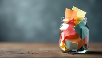 Colorful paper notes in glass jars on wooden table against grey background with blurred lights. Bokeh effect, created with generative ai