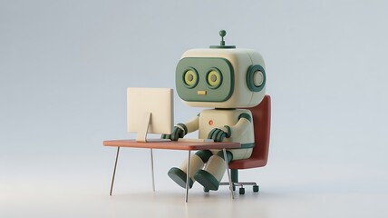 “3D render of cute cream robot with green accents, sitting at minimalist desk, rounded blocky design