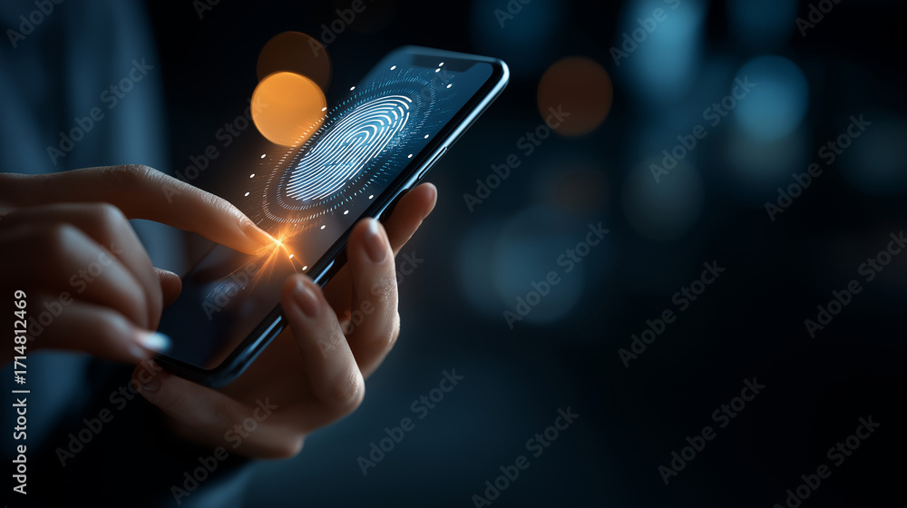 Poster user hands passing biometric face authentication through smartphone with digital security icons holo