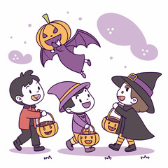 Adorable Kids in Halloween Costumes Trick-or-Treating — Playful Cartoon Vector for Party Invites