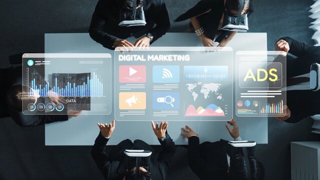 A group of business professionals engage in a collaborative meeting, focusing on digital marketing strategies while utilizing advanced data analytics and interactive visuals. Raster