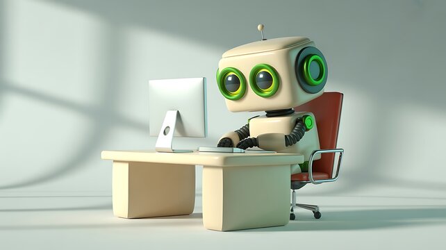 “3D render of cute cream robot with green accents, sitting at minimalist desk, rounded blocky design