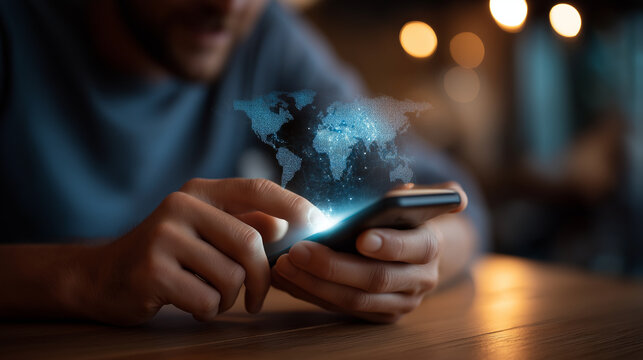 Fintech specialist hands using smartphone for secure online payments with digital interface hologram and world map overlay on dark background. fintech solutions mobile banking