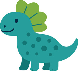 cartoon dinosaur with dark teal spots, a smiling face, and large green leaf-shaped spikes on its back.