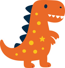 a cute orange cartoon dinosaur with dark blue spikes, yellow spots and a star on its body, smiling with sharp white teeth.