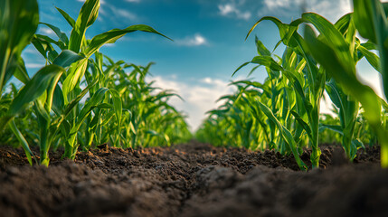 Lush green cornfield with vibrant plants stretching towards a bright blue sky and soft clouds