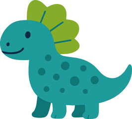 cartoon dinosaur with dark teal spots, a smiling face, and large green leaf-shaped spikes on its back.