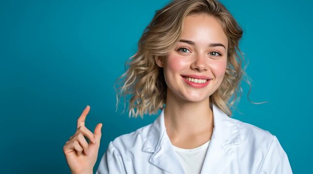 Smiling Young Medical Professional Points Left, Then Makes a Small Pinching Gesture with Her Fingers, Showing a Tiny Detail or Minimal Quantity, Cheerfully Explaining a Concept