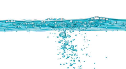 Crystal-clear aqua-blue water surface with dynamic ripples and suspended spherical air bubbles, against a minimalist white to light blue gradient background, concept of purity and hydration