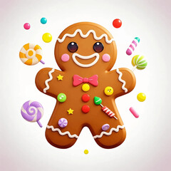 Obraz premium A cheerful 3D gingerbread man character with a pink bow tie, surrounded by an assortment of colorful floating candies and sweet treats.