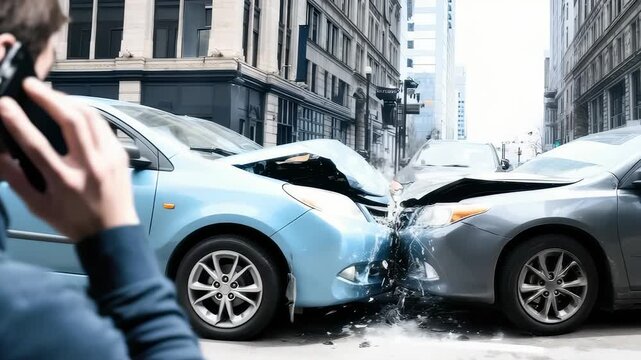 Insurance call after major car accident in busy city area with damaged vehicles