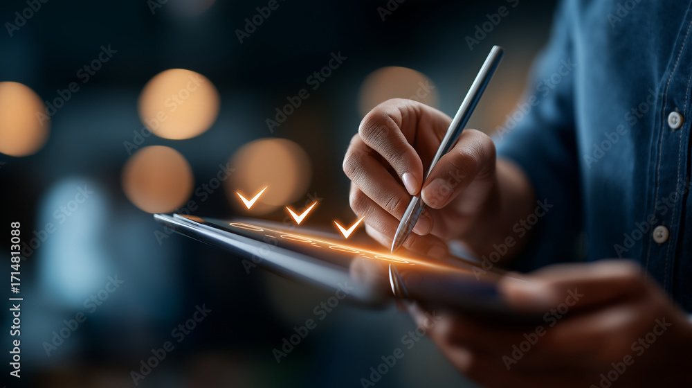 Poster project manager hands using stylus to mark tasks in digital checklist hologram on tablet for team pr