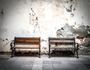 Two weathered wooden benches against a cracked wall