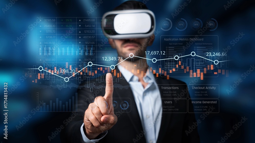 Poster a businessman engages with virtual reality technology, interacting with data visualizations and anal