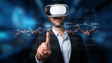 A businessman engages with virtual reality technology, interacting with data visualizations and analytics that represent business metrics in a modern office environment. Raster