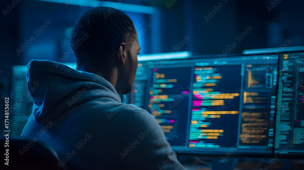 Leinwandbilder african american man coding on multiple screens in a dimly lit workspace with vibrant data display
