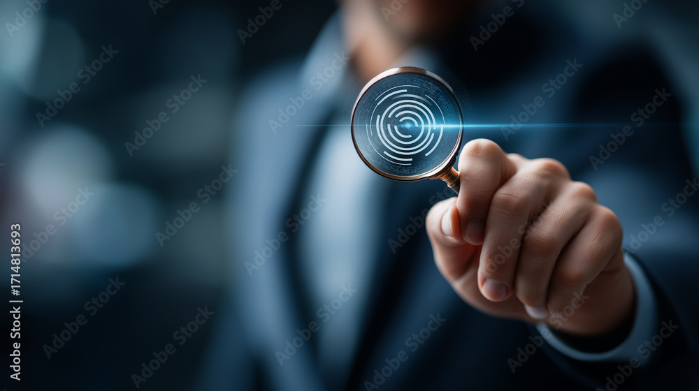 Poster analyst hands focusing through magnifying glass on 2026 target hologram demonstrating precise strate