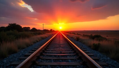 Fototapeta premium Scenic Sunset Railroad Tracks Leading to the Horizon, Scenic view of railroad tracks vanishing into horizon during sunrise sunset. Railway tracks lead straight to horizon, created with generative ai