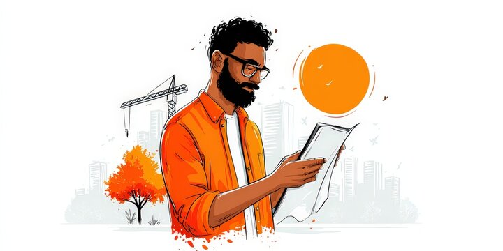 Architect's Vision: An architect, engrossed in studying architectural plans, exudes the spirit of creativity. his architectural prowess and attention to detail set the scene for innovation.