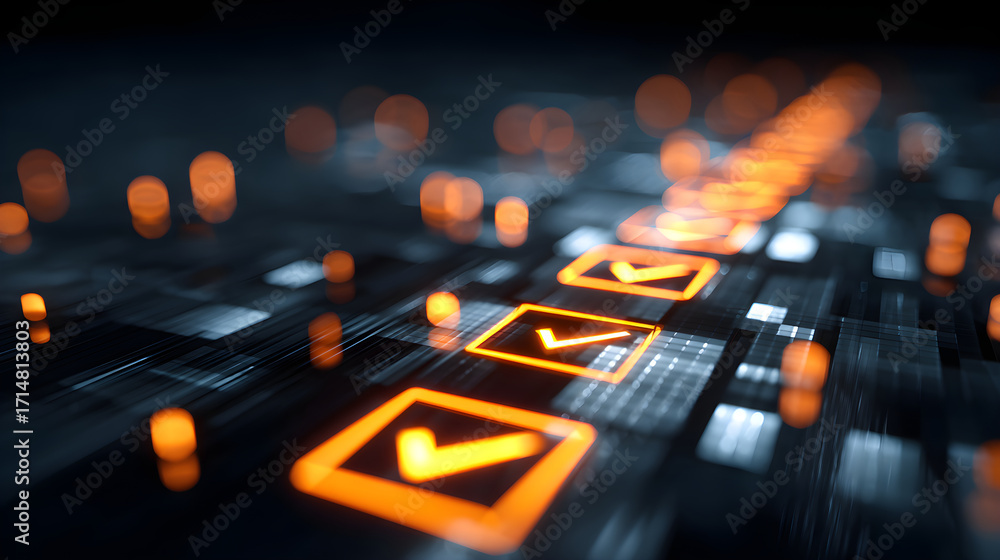 Aufkleber abstract digital interface with glowing orange check marks on a dark background for technology conce