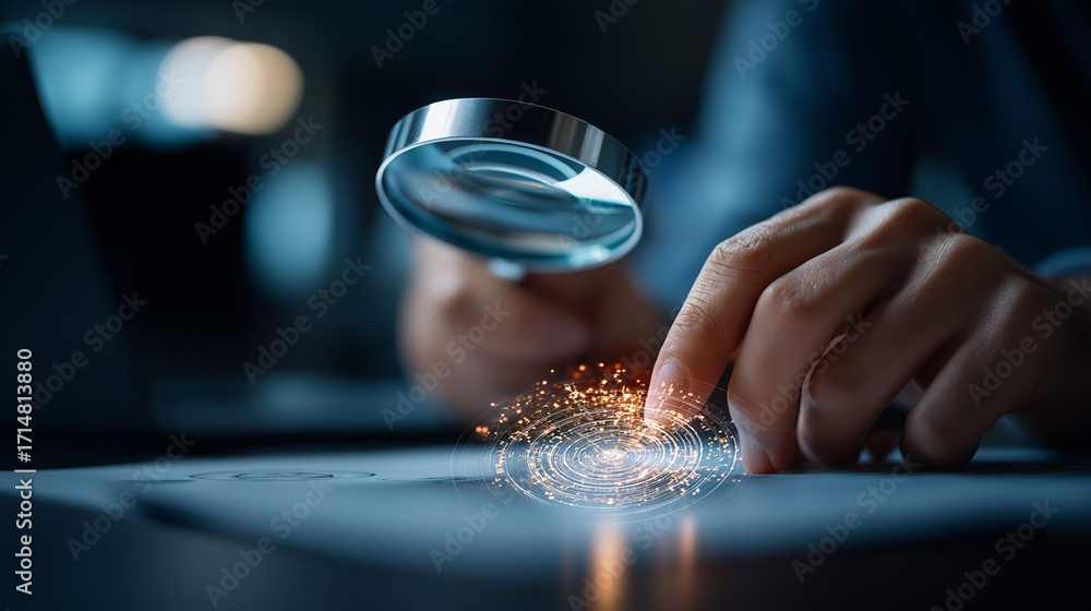 Poster analyst hands focusing through magnifying glass on 2026 target hologram demonstrating precise strate