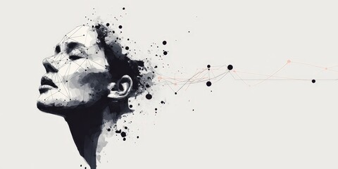 Inner Peace and Liberation: A serene portrait, a woman's face gracefully dissolves into particles, representing freedom, contemplation, and inner peace.