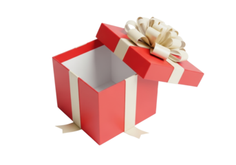 Vivid empty red gift box, open, white interior, cream satin ribbons, large bow, on transparent background, soft shadows. Concept of gift-giving and luxury