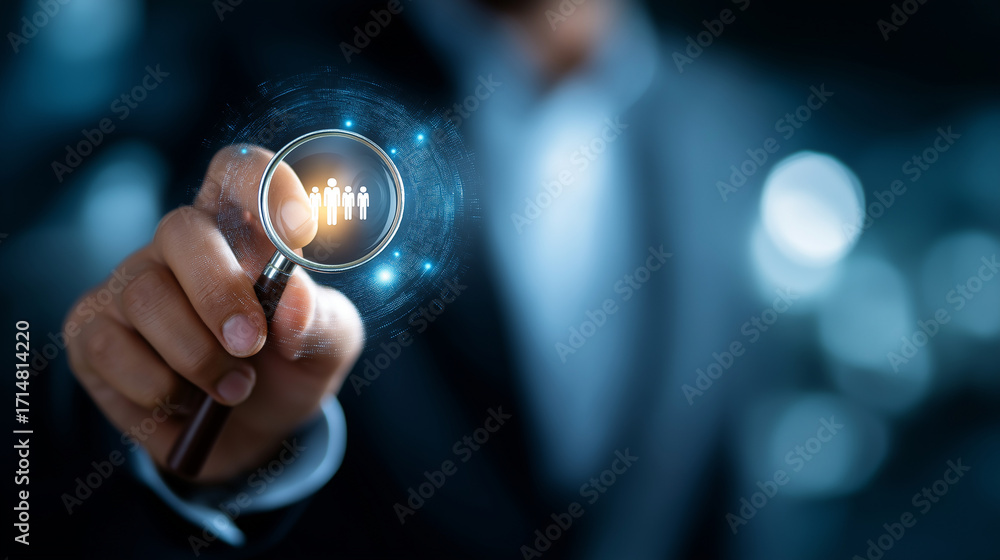 Poster marketer hands analyzing target audience through magnifying glass and digital interface hologram for