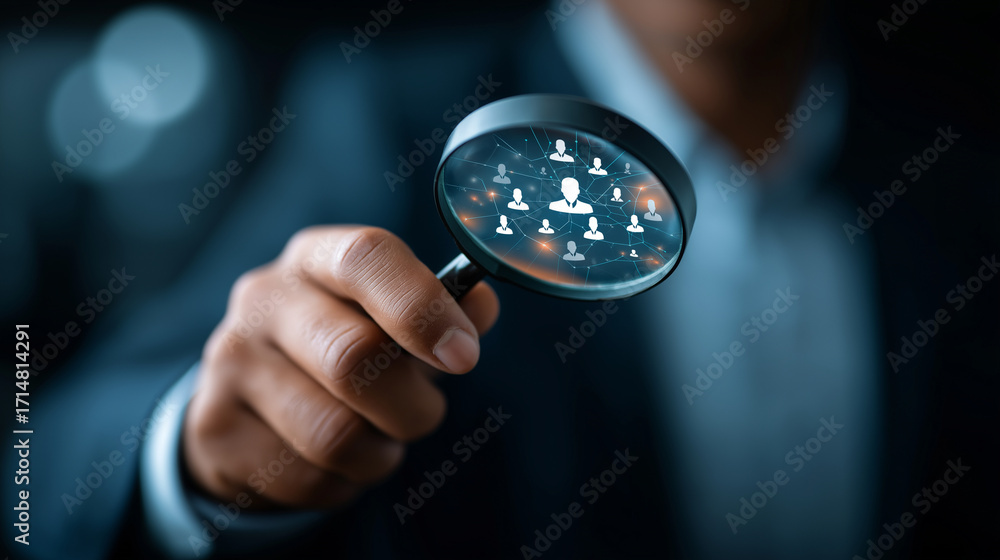 Poster marketer hands analyzing target audience through magnifying glass and digital interface hologram for