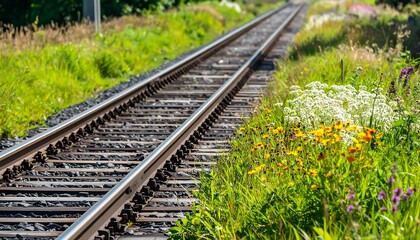 Fototapeta premium Railroad tracks winding through wildflowers