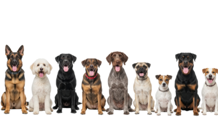 Eleven diverse dogs (German Shepherd, Poodle mix, Labrador, Chihuahua, Pug, Rottweiler, mixed-breeds) happily pose on a transparent studio background with copy space, high-key lighting. Concept of