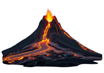 A dramatic eruption of molten lava flows down the side of a majestic volcano against a dark background.