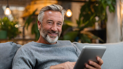 Mature man with beard using tablet while sitting comfortably on a sofa in a cozy living room