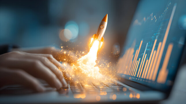 Hands typing on laptop with rocket launch graphic and data visualization for innovation concept