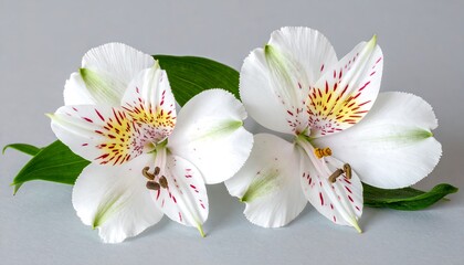 Two white alstroemeria flowers with red and yellow markings, displayed on a light gray background