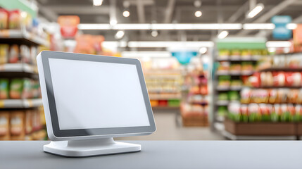 Digital display mock up with blank screen in a vibrant grocery store environment