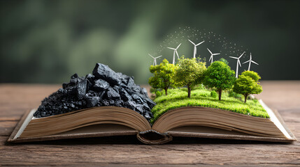 Open book with contrasting themes of coal and renewable energy showcasing environmental transformation