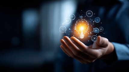 AI innovation specialist hands showing glowing lightbulb icon hologram surrounded by multimedia icons for video audio image chat on dark background. AI innovation multimedia
