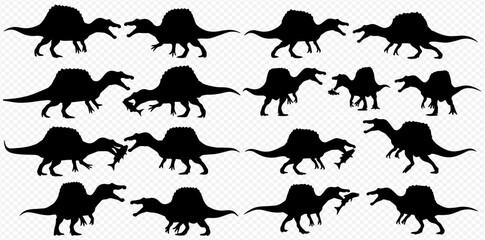 Black silhouettes of Spinosaurus dinosaurs in various poses against a transparent background.