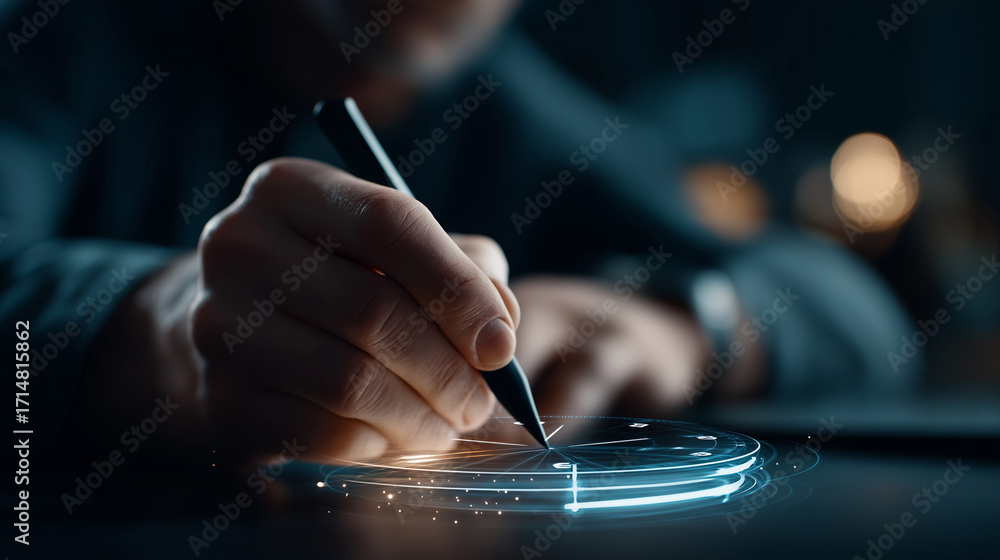 Poster time management specialist hands using stylus and digital interface hologram for schedule optimizati