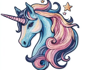 Colorful unicorn head illustration with stars.