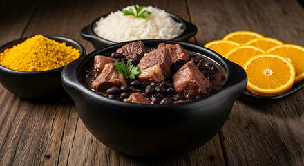 Traditional Brazilian feijoada served in a clay pot on a rustic wooden table with farofa, rice, and orange slices