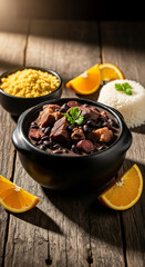Traditional Brazilian feijoada served in a clay pot on a rustic wooden table with farofa, rice, and orange slices