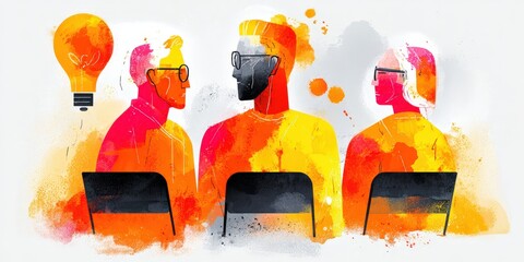 Collaborative Creativity: Three individuals gather in a moment of brainstorming, their ideas illuminated by a vibrant lightbulb, showcasing unity and imagination.
